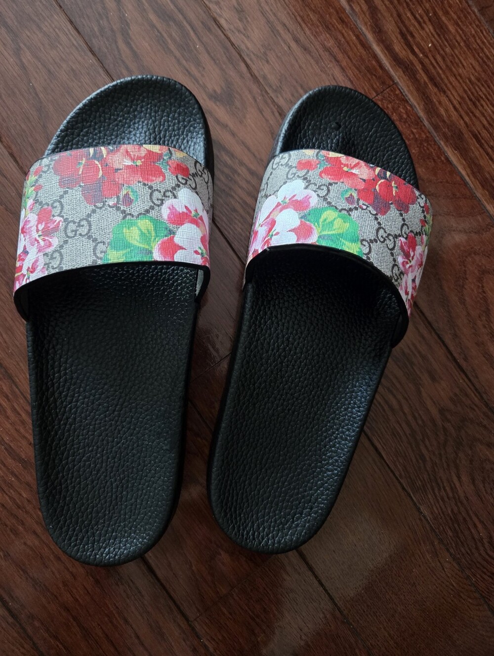Designer-Inspired Black Slide Sandals with Floral Strap